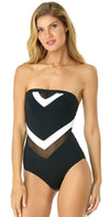 Anne Cole Color Block Mesh Chevron Spliced Bandeau Swimsuit 19MO01804 BKWH:
