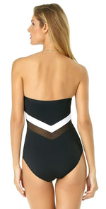 Anne Cole Color Block Mesh Chevron Spliced Bandeau Swimsuit 19MO01804 BKWH: