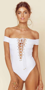 Blue Life Off Shoulder One Piece In White Jacquard 390-9466-WHT: