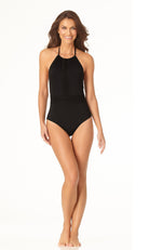 Anne Cole High Neck Lace Insert One Piece Swimsuit in Black