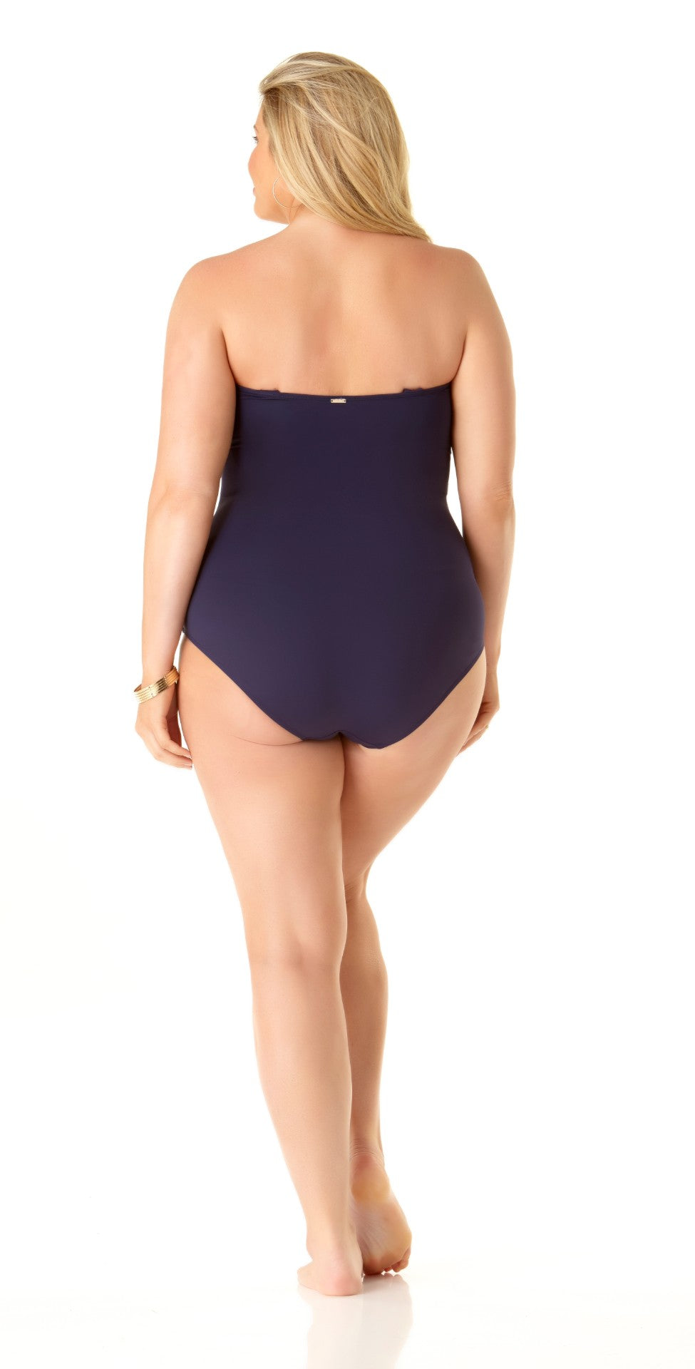 Anne Cole Twist Front Shirred Bandeau One Piece Swimsuit in Navy back view