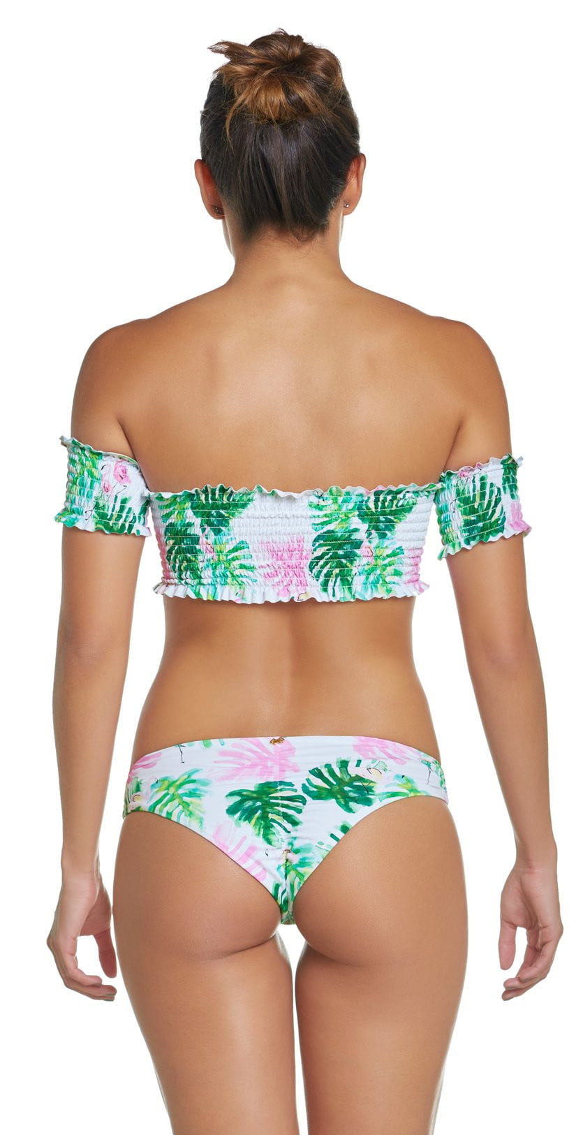 smocked off the shoulder swim top
