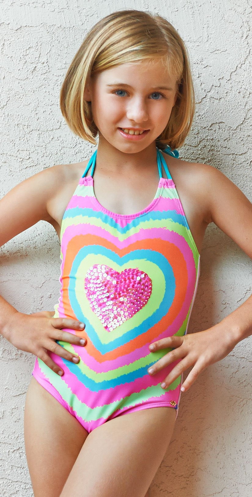 PilyQ Girls Neon Heart embroidered One Piece NEH-606P: