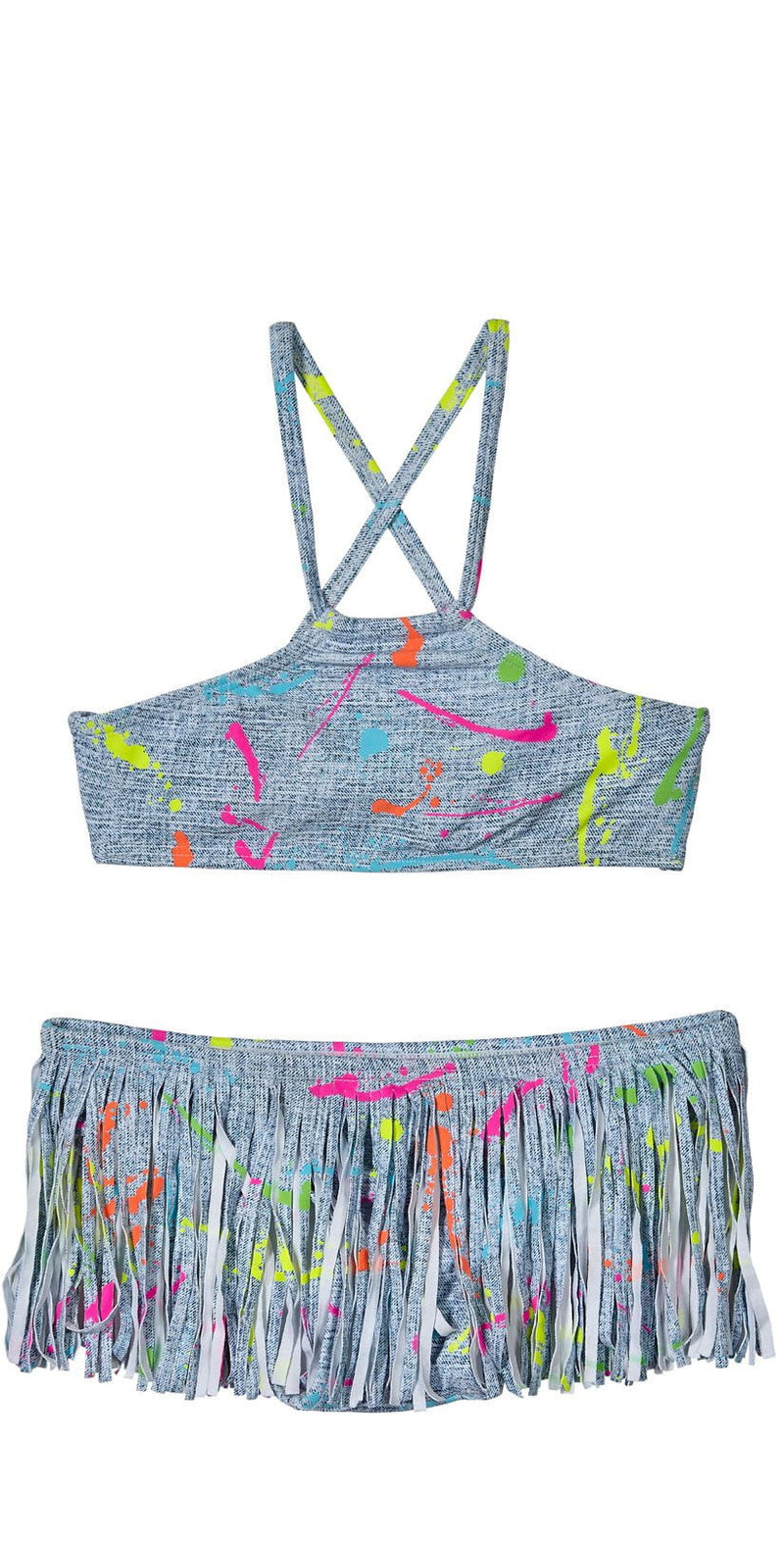 PilyQ Girl's Splatter Paint High Neck Fringe Bikini Set SPL-818B: