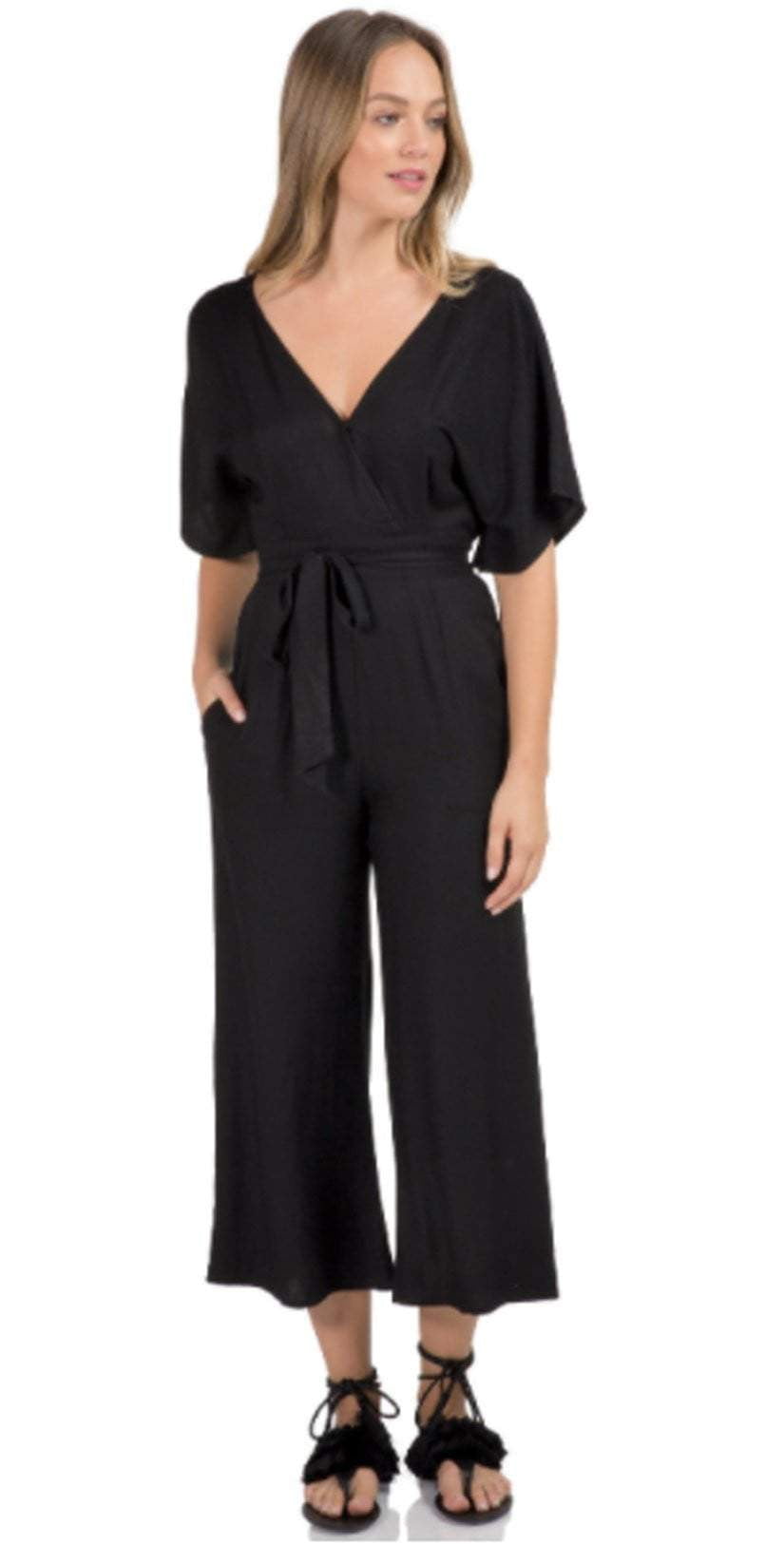 Elan Romper Ruffle Top Jumpsuit in Black SC7142-BLK: