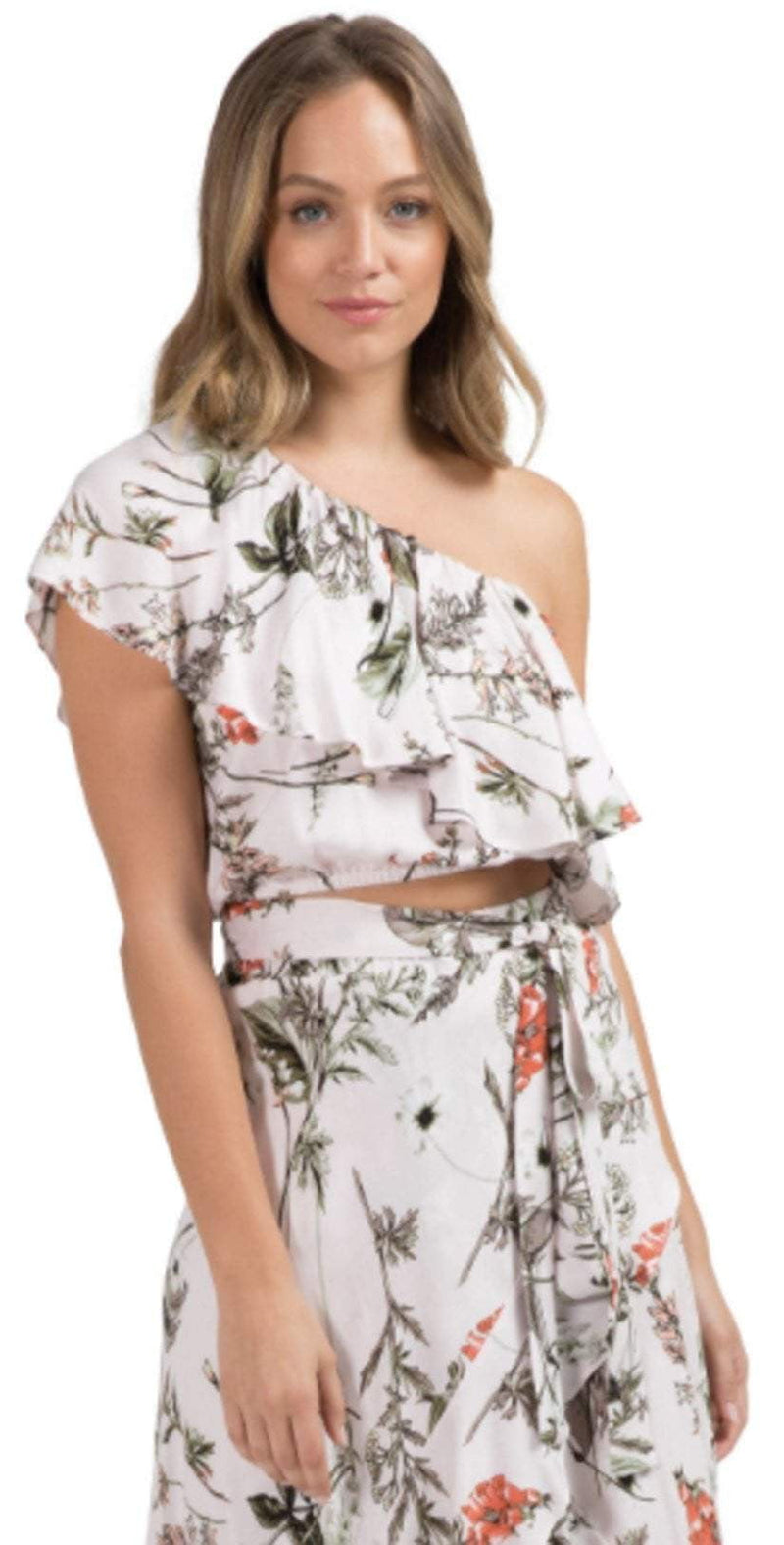 Elan Ruffled One Shoulder Crop Top in Pale Pink Botanical SCP1908-PPK-BO: