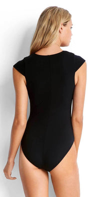 Seafolly Lace Up Cap Sleeve Maillot in Black 10744-058-BLACK: