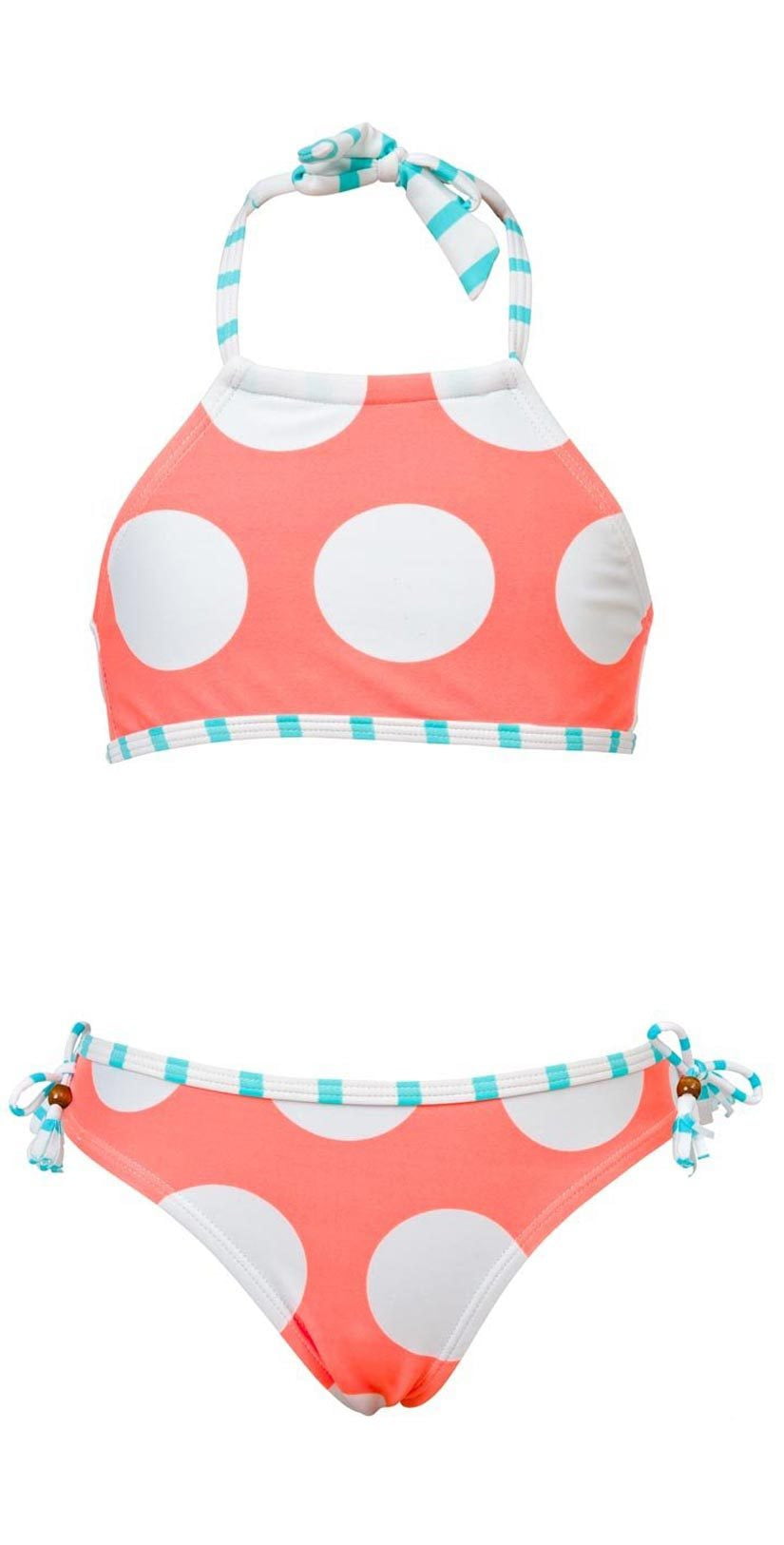 Snapperrock Girl's Neon Coral Spots Halter Bikini Set G15042: