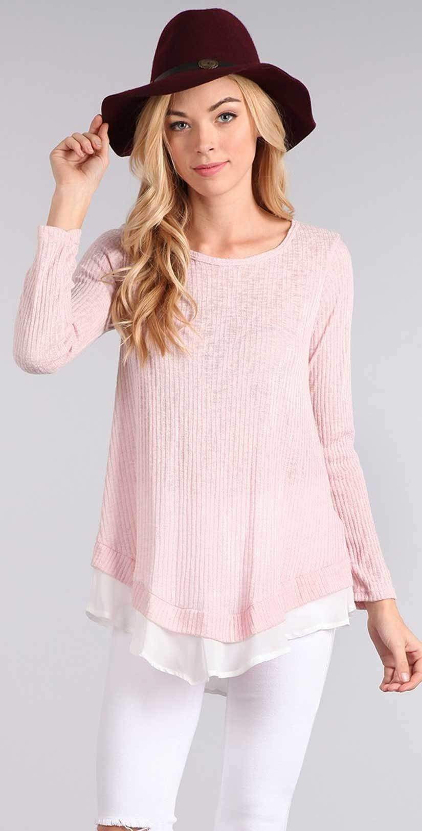 Chris and Carol Knit Sweater with Chiffon Detail in Pink 1601066T: