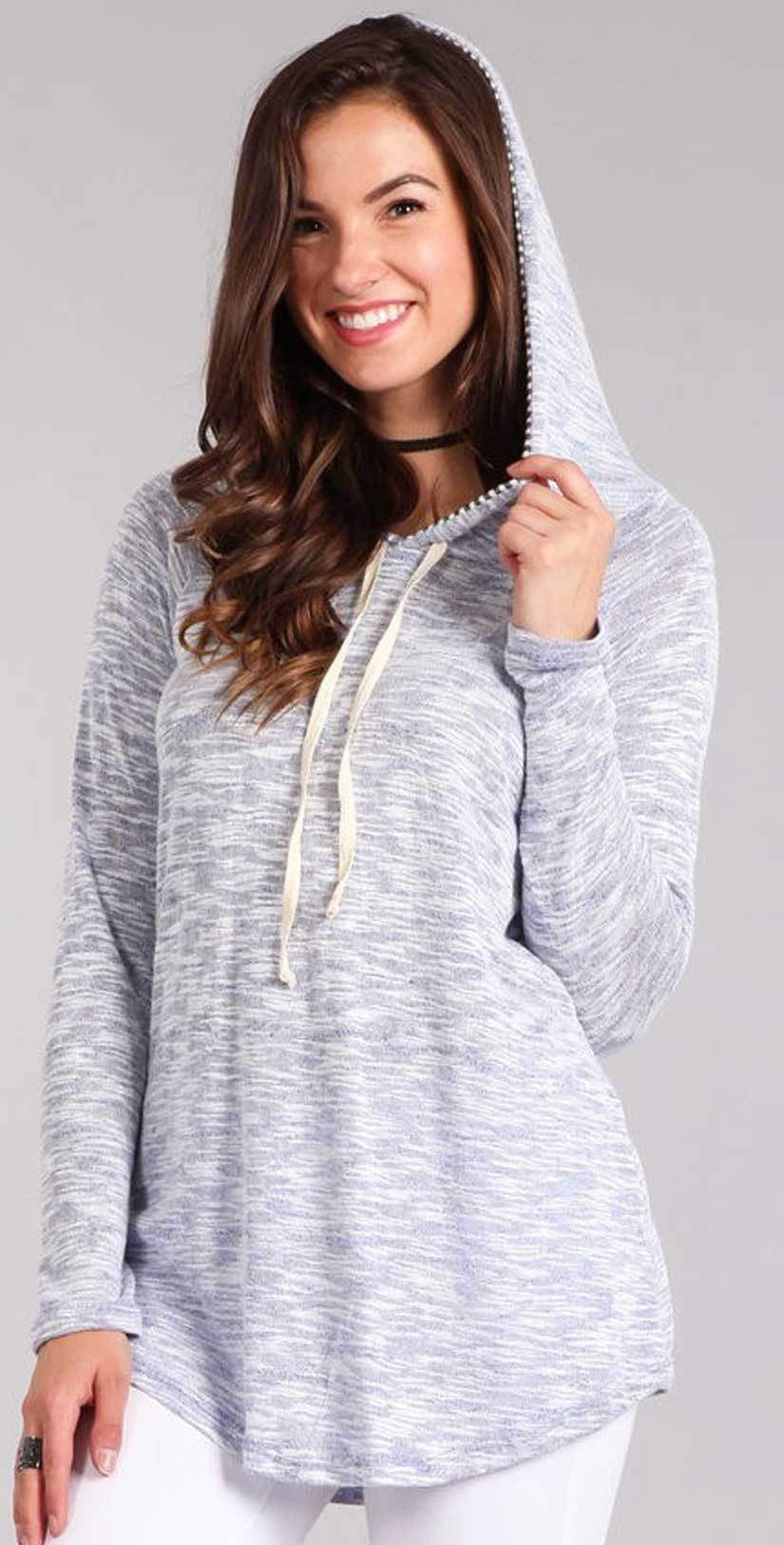 Chris and Carol Heathered Knit Long Sleeve Top with Striped Hoodie in Blue 1610080T: