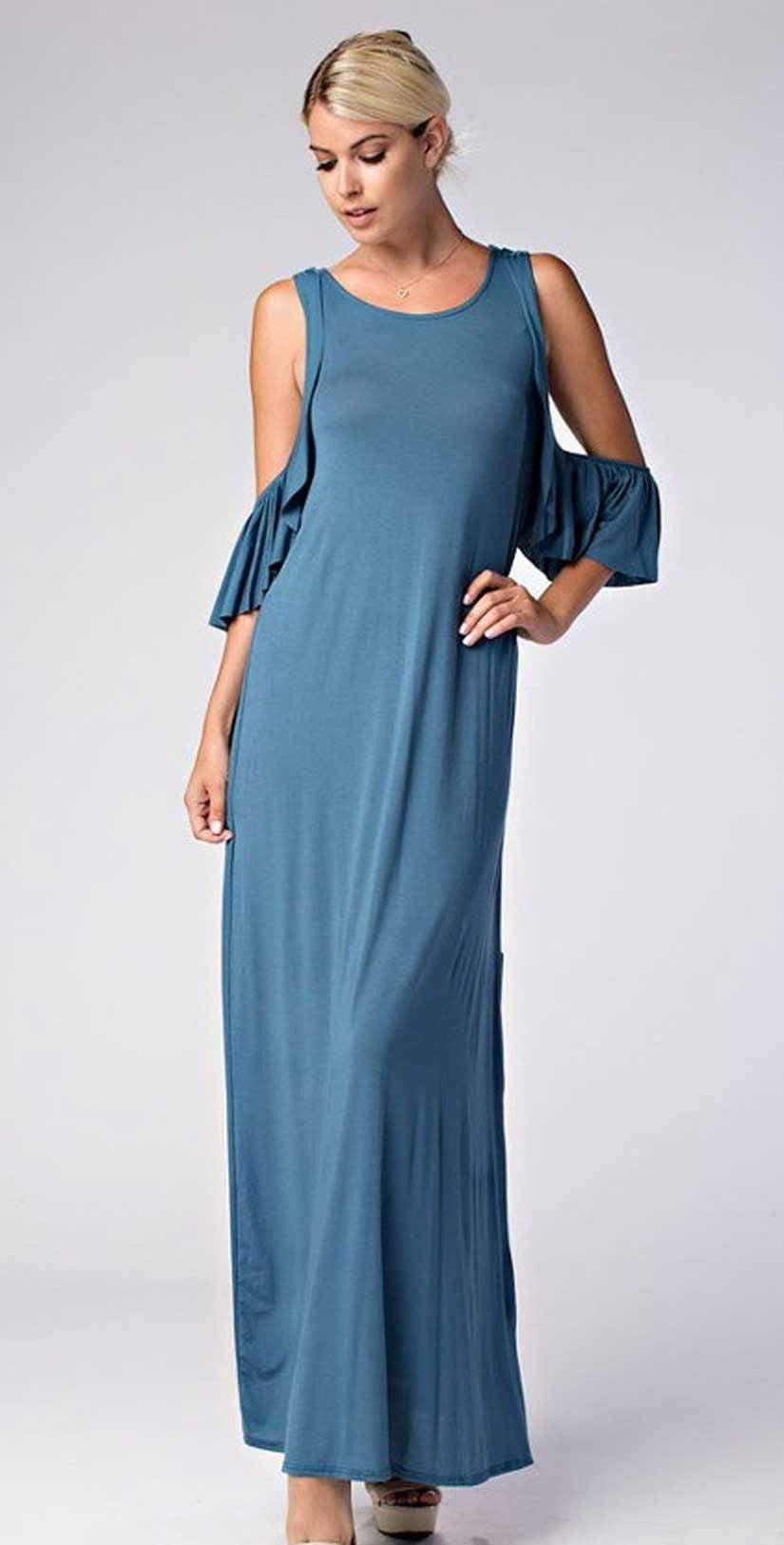 Love In Cold Shoulder Round Neck Ruffle Maxi Dress| Blue Dress Blue / Small