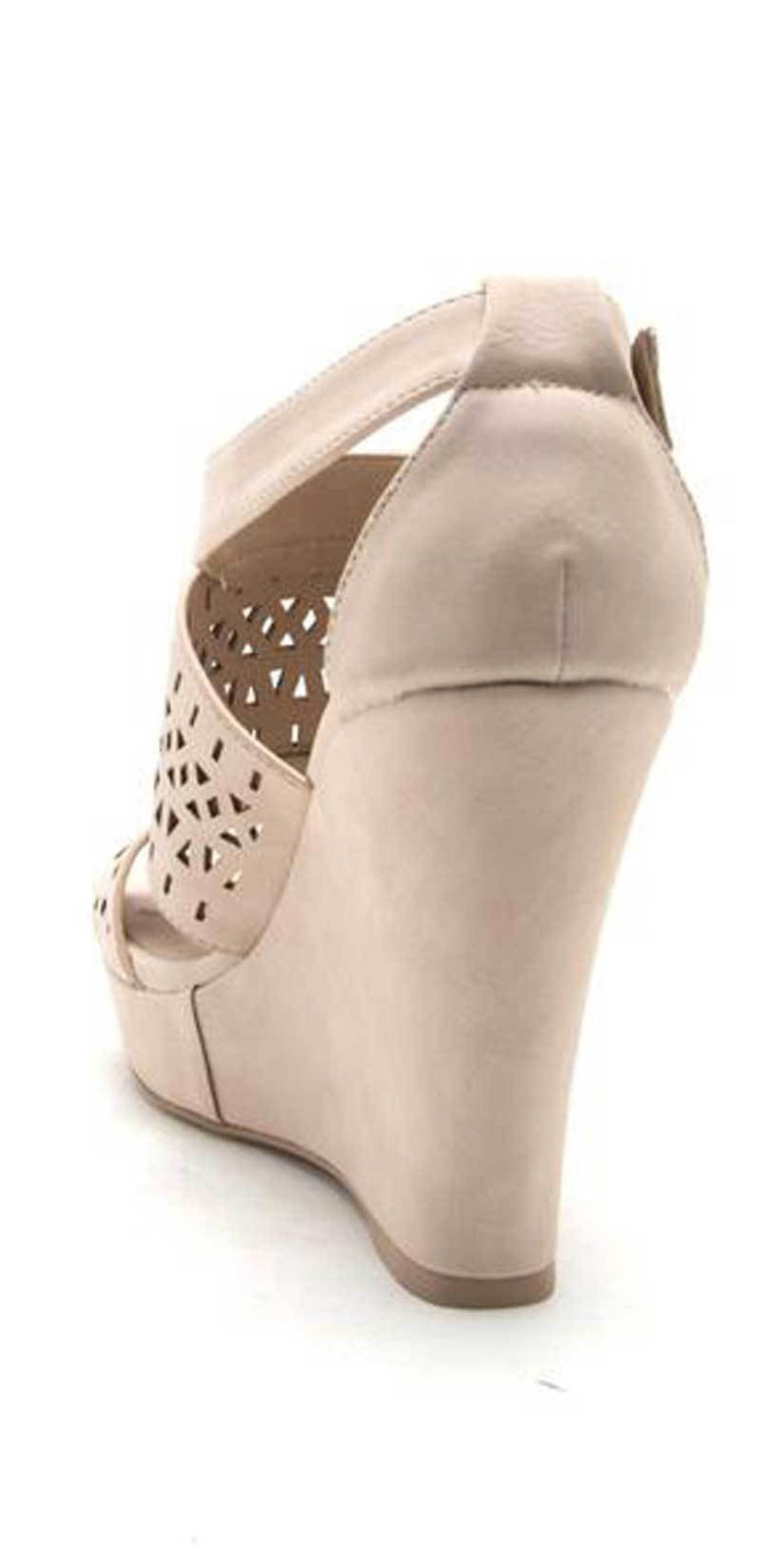 Qupid Shoes Lena Perforated Strappy Wedge in Nude LENA-619 NUDE: