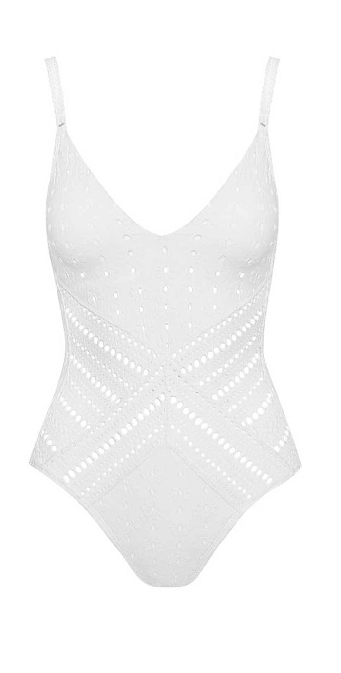 Robin Piccone Clarissa V Neck Crochet One Piece In White 180311-WHT: